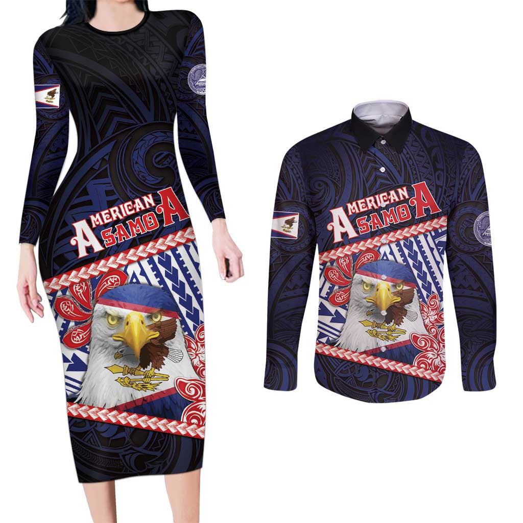 Personalized American Samoa Couples Matching Long Sleeve Bodycon Dress and Long Sleeve Button Shirt Bald Eagle With Polynesian Pattern - Polynesian Pride