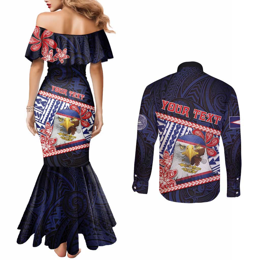 Personalized American Samoa Couples Matching Mermaid Dress and Long Sleeve Button Shirt Bald Eagle With Polynesian Pattern - Polynesian Pride