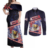 Personalized American Samoa Couples Matching Off Shoulder Maxi Dress and Long Sleeve Button Shirt Bald Eagle With Polynesian Pattern - Polynesian Pride