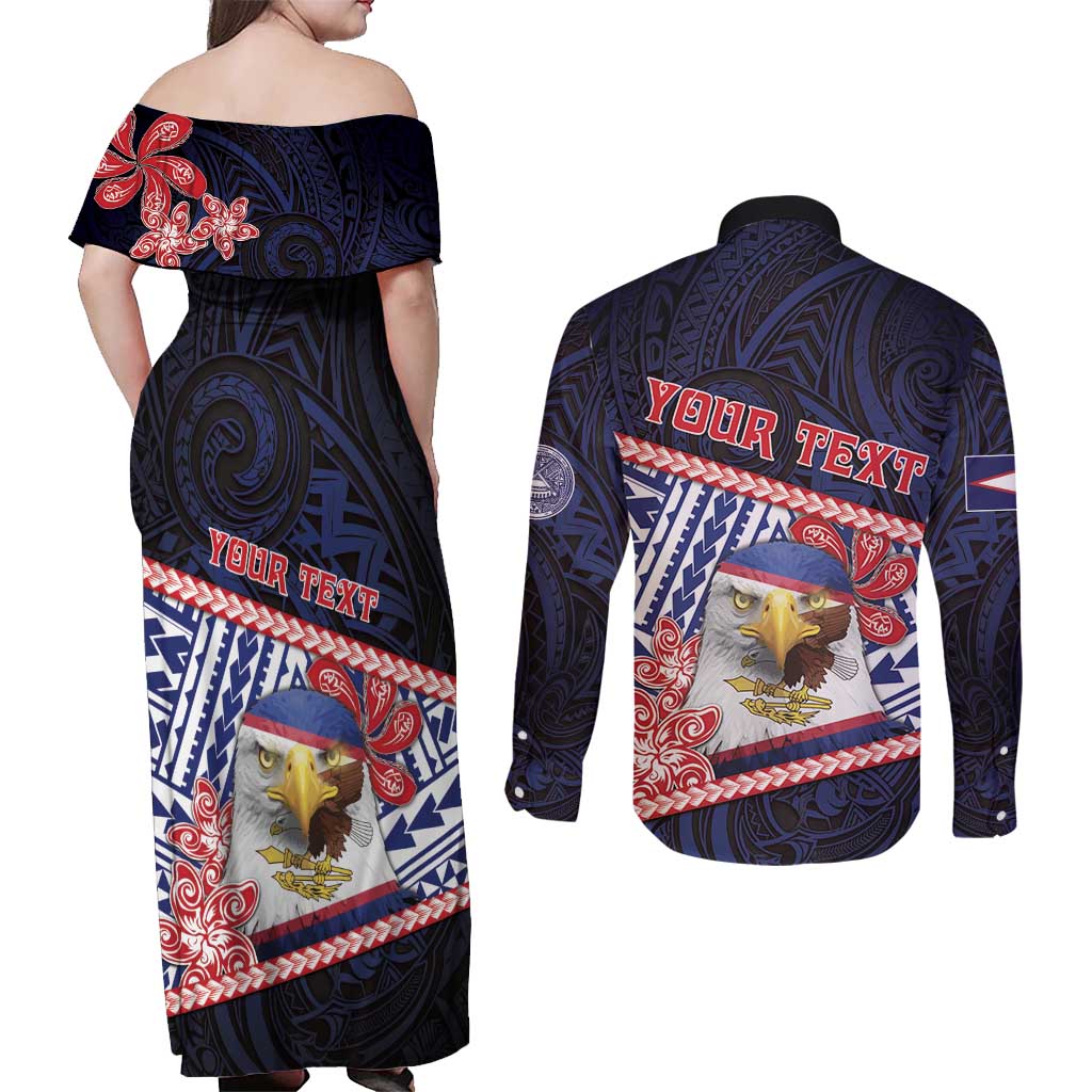 Personalized American Samoa Couples Matching Off Shoulder Maxi Dress and Long Sleeve Button Shirt Bald Eagle With Polynesian Pattern - Polynesian Pride