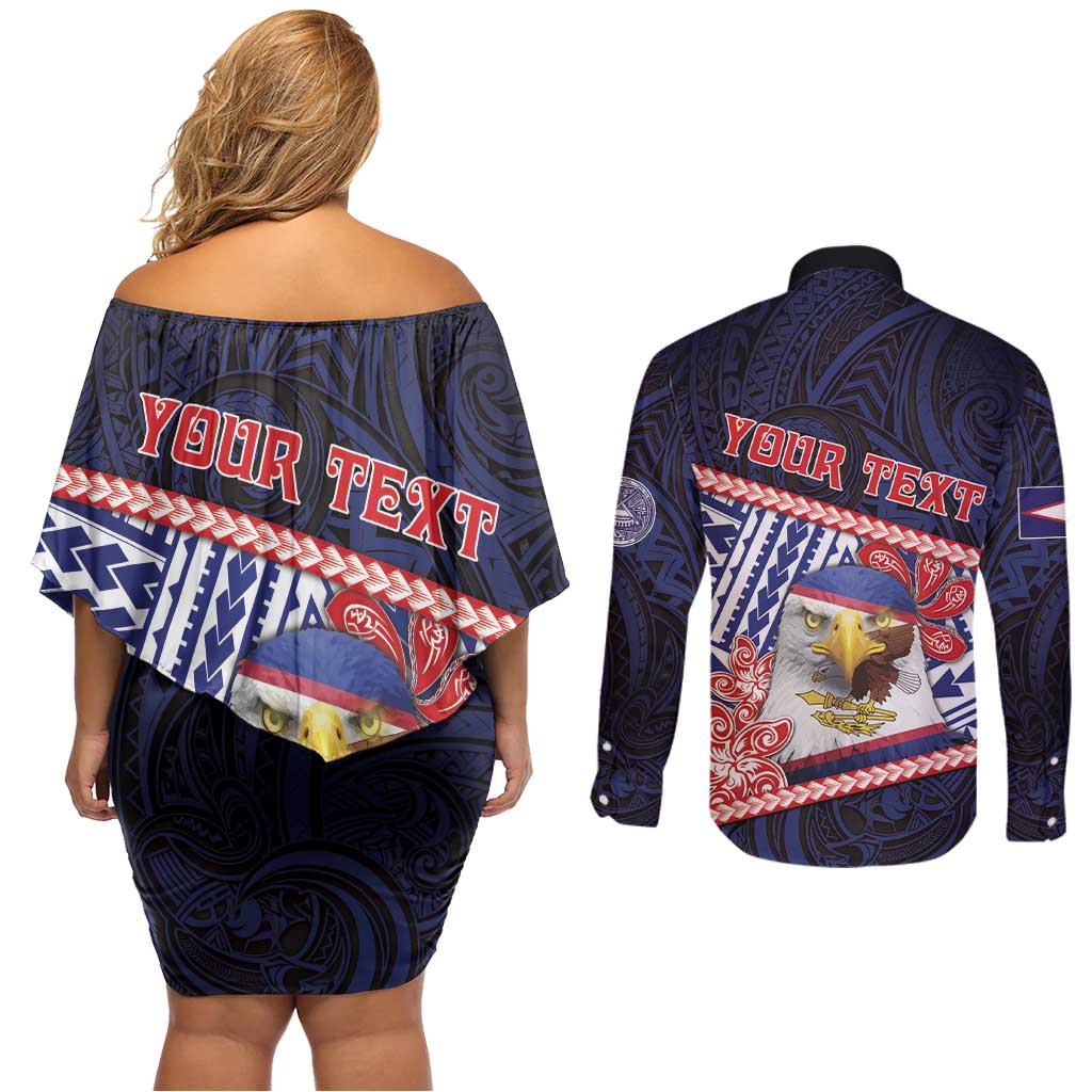 Personalized American Samoa Couples Matching Off Shoulder Short Dress and Long Sleeve Button Shirt Bald Eagle With Polynesian Pattern - Polynesian Pride