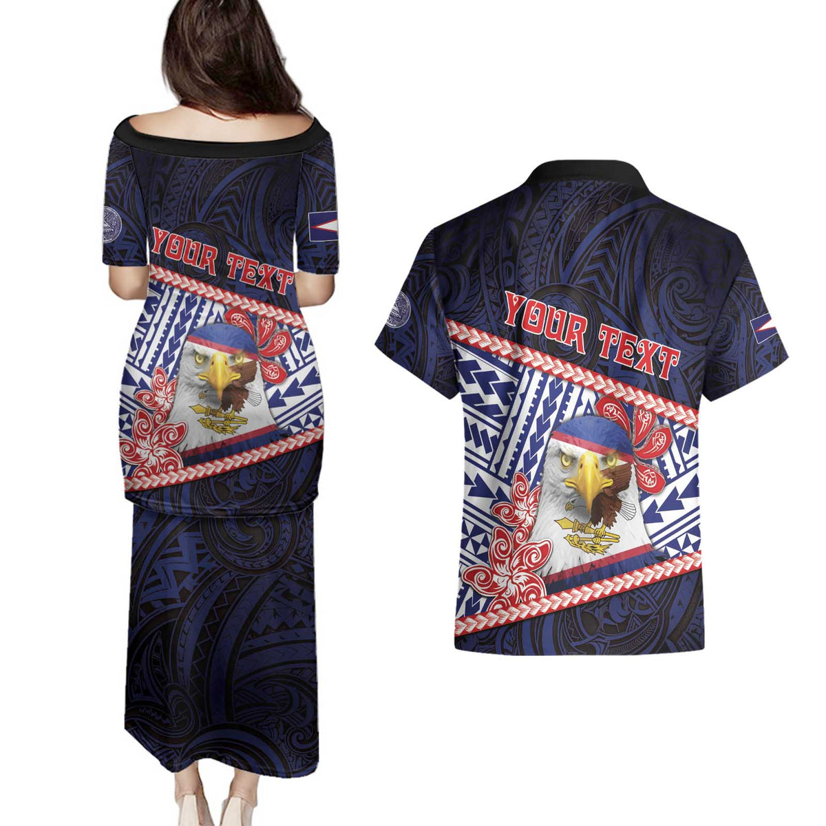 Personalized American Samoa Couples Matching Puletasi and Hawaiian Shirt Bald Eagle With Polynesian Pattern - Polynesian Pride