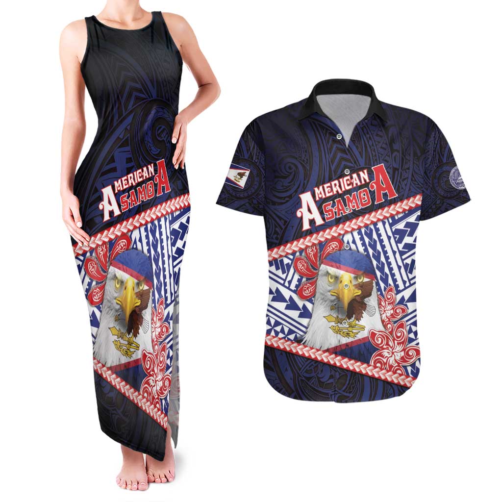 Personalized American Samoa Couples Matching Tank Maxi Dress and Hawaiian Shirt Bald Eagle With Polynesian Pattern - Polynesian Pride