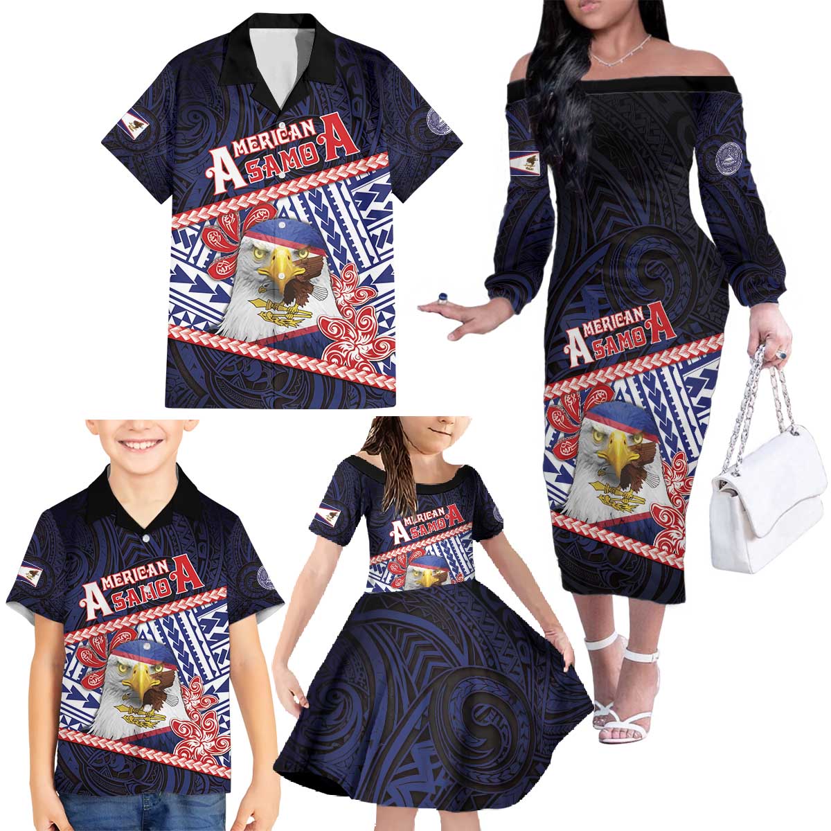 Personalized American Samoa Family Matching Off The Shoulder Long Sleeve Dress and Hawaiian Shirt Bald Eagle With Polynesian Pattern - Polynesian Pride