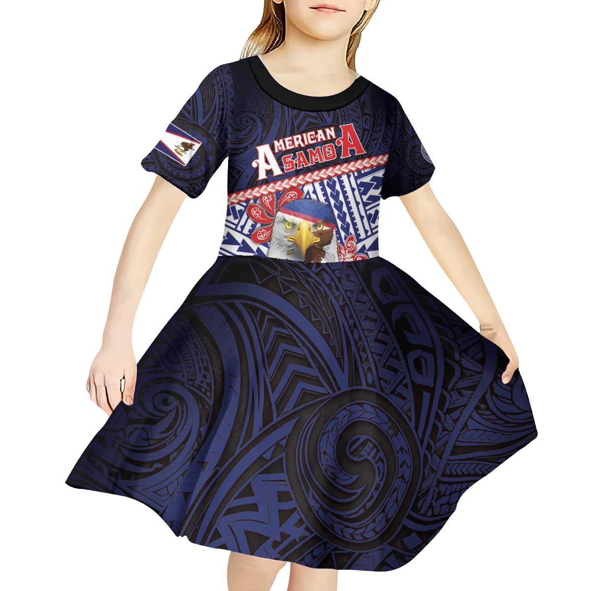 Personalized American Samoa Kid Short Sleeve Dress Bald Eagle With Polynesian Pattern - Polynesian Pride