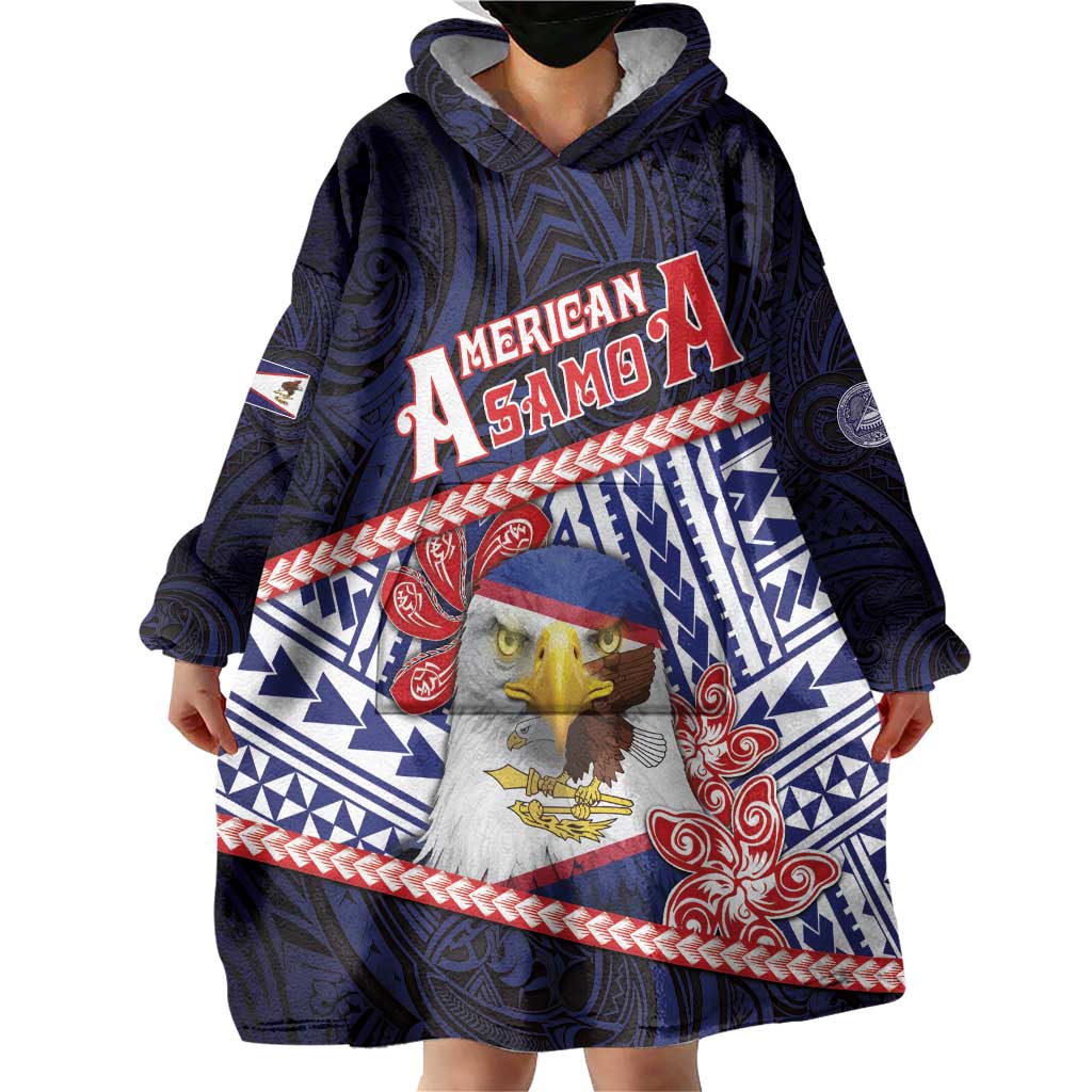 Personalized American Samoa Wearable Blanket Hoodie Bald Eagle With Polynesian Pattern - Polynesian Pride
