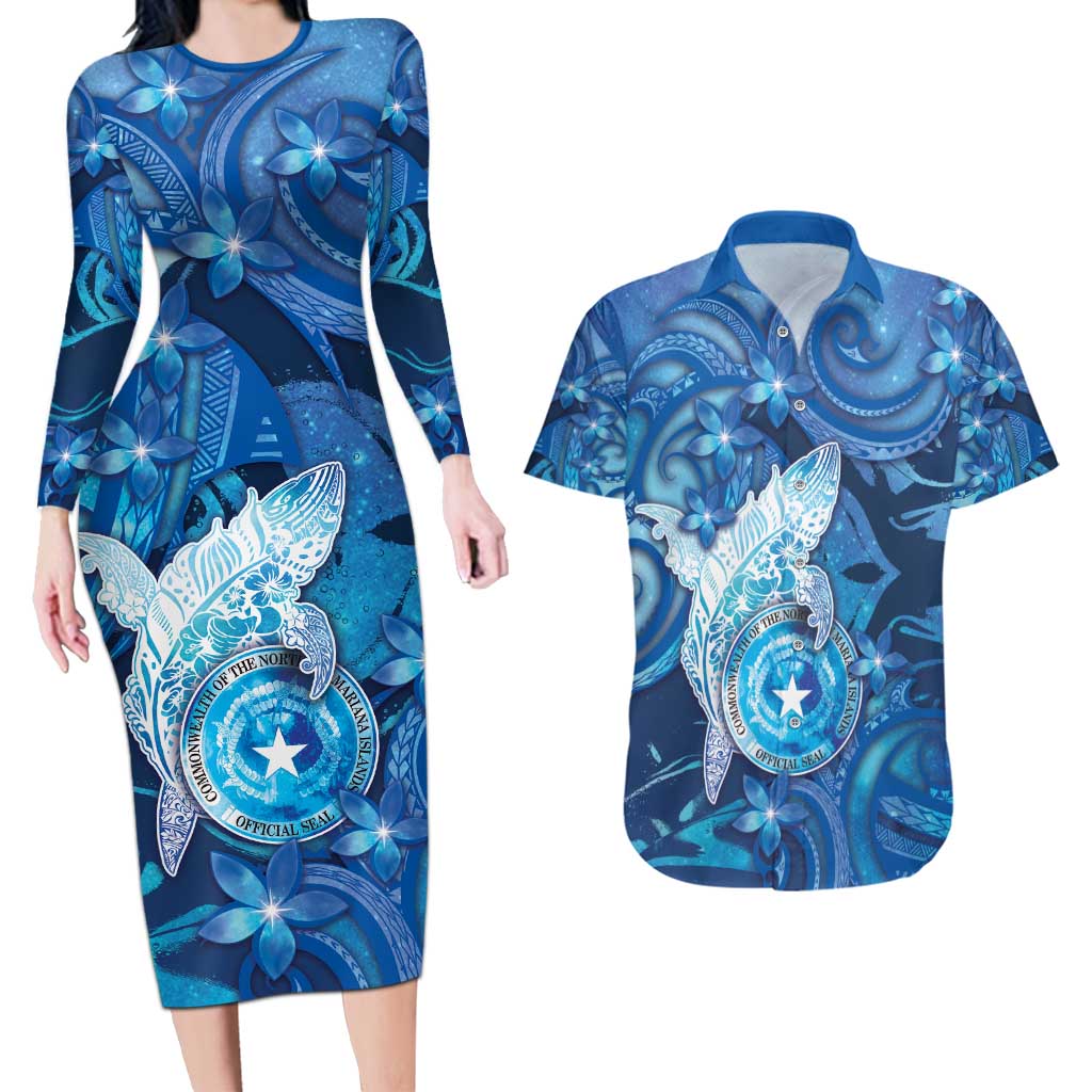 Personalised Northern Mariana Islands Couples Matching Long Sleeve Bodycon Dress and Hawaiian Shirt Galaxy Polynesian Shark Tattoo DT05 Blue - Polynesian Pride