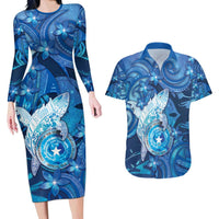 Personalised Northern Mariana Islands Couples Matching Long Sleeve Bodycon Dress and Hawaiian Shirt Galaxy Polynesian Shark Tattoo DT05 Blue - Polynesian Pride
