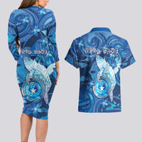 Personalised Northern Mariana Islands Couples Matching Long Sleeve Bodycon Dress and Hawaiian Shirt Galaxy Polynesian Shark Tattoo DT05 - Polynesian Pride