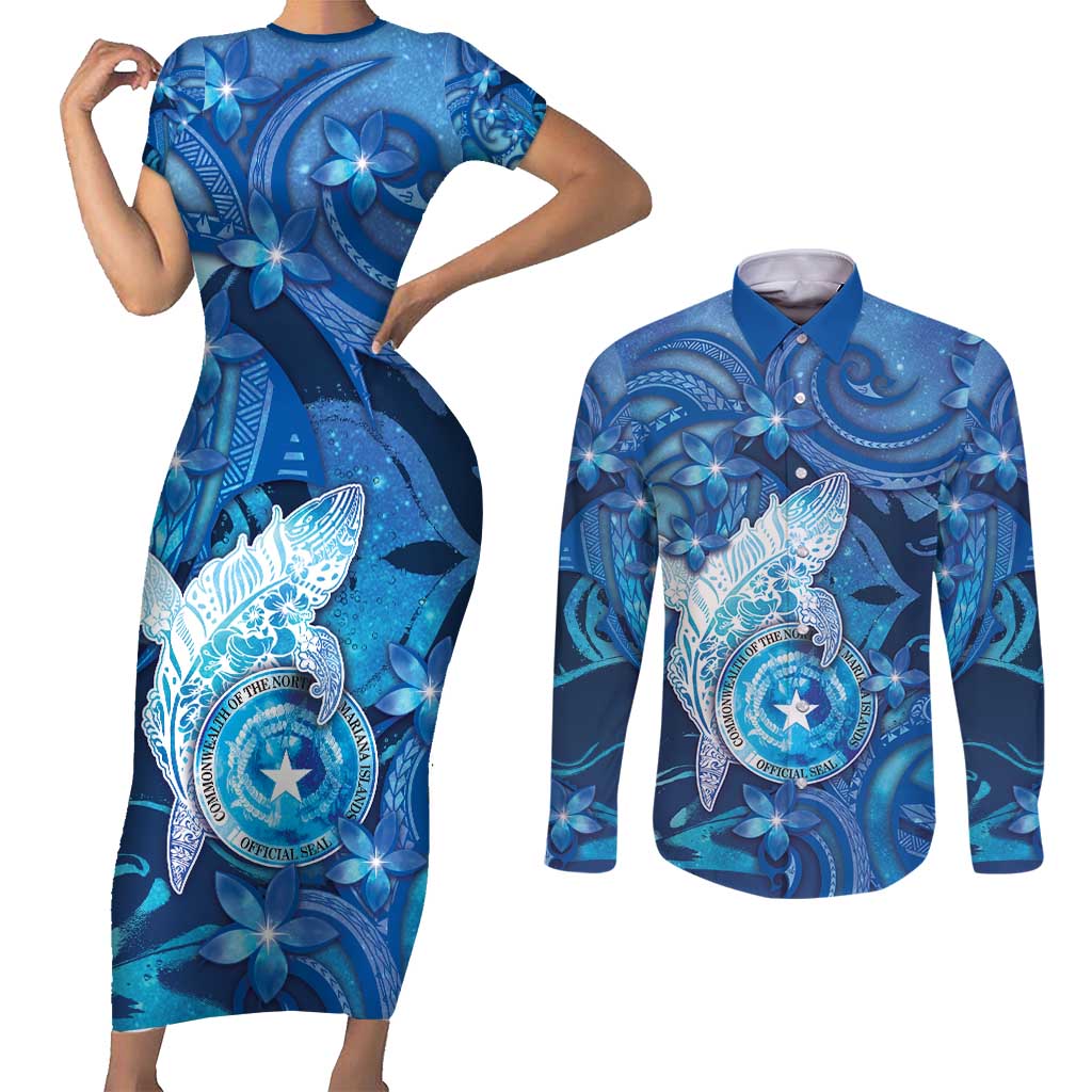 Personalised Northern Mariana Islands Couples Matching Short Sleeve Bodycon Dress and Long Sleeve Button Shirt Galaxy Polynesian Shark Tattoo - Polynesian Pride