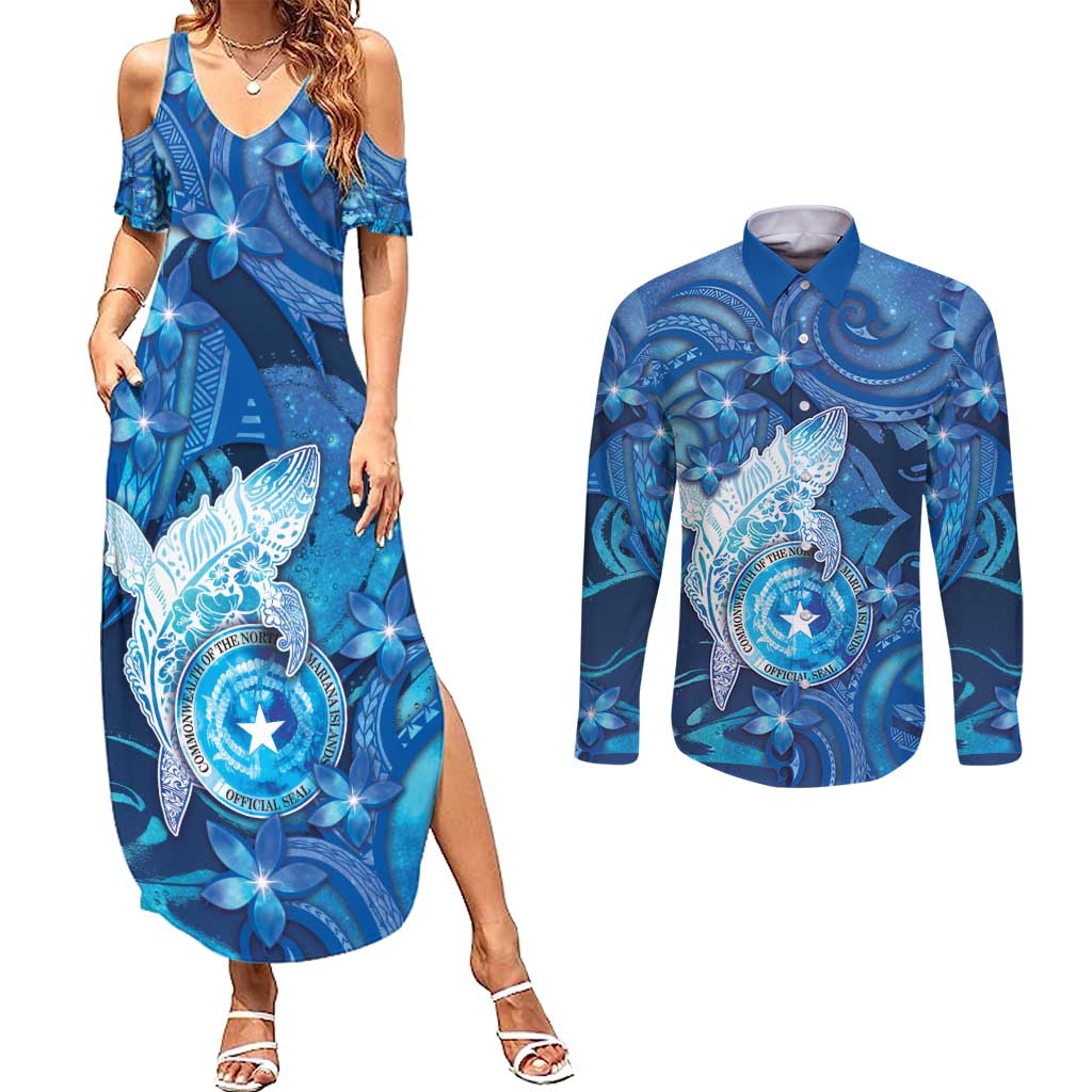 Personalised Northern Mariana Islands Couples Matching Summer Maxi Dress and Long Sleeve Button Shirt Galaxy Polynesian Shark Tattoo DT05 Blue - Polynesian Pride
