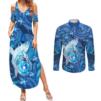 Personalised Northern Mariana Islands Couples Matching Summer Maxi Dress and Long Sleeve Button Shirt Galaxy Polynesian Shark Tattoo DT05 Blue - Polynesian Pride