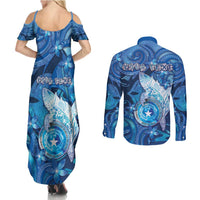 Personalised Northern Mariana Islands Couples Matching Summer Maxi Dress and Long Sleeve Button Shirt Galaxy Polynesian Shark Tattoo DT05 - Polynesian Pride