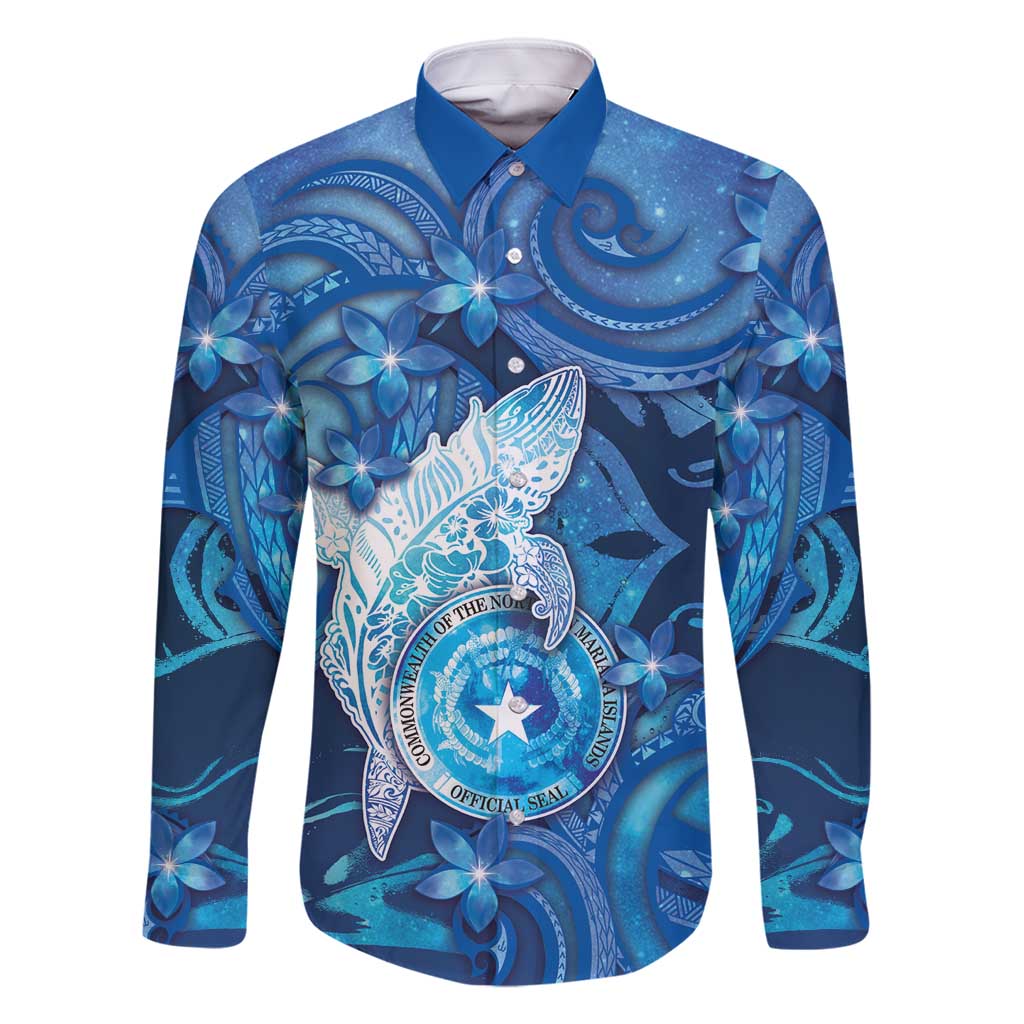 Personalised Northern Mariana Islands Family Matching Mermaid Dress and Hawaiian Shirt Galaxy Polynesian Shark Tattoo DT05 Dad's Shirt - Long Sleeve Blue - Polynesian Pride