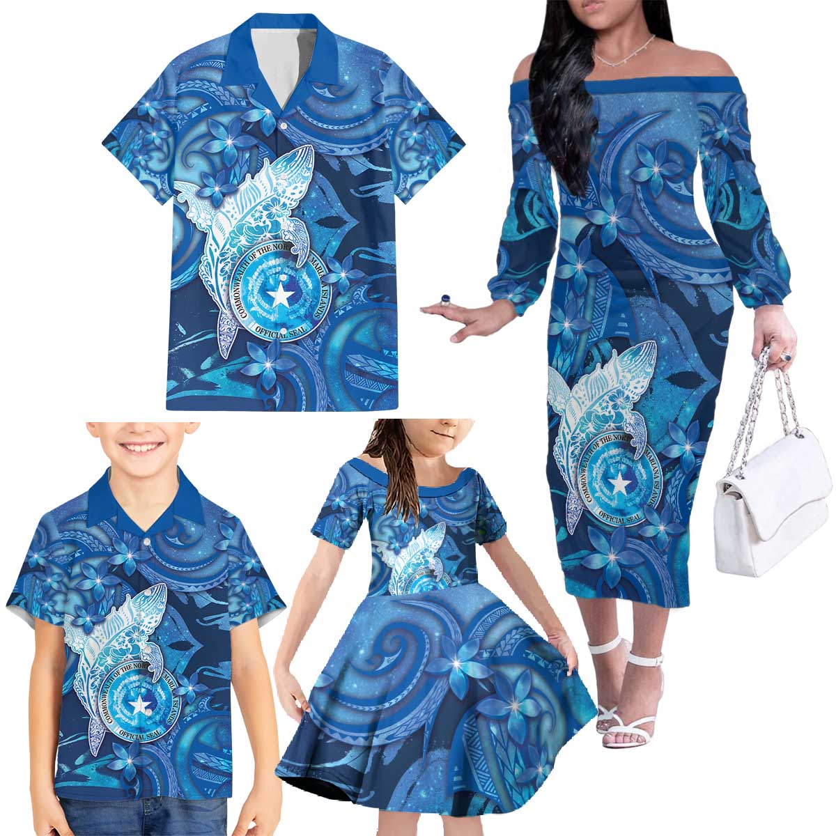 Personalised Northern Mariana Islands Family Matching Off The Shoulder Long Sleeve Dress and Hawaiian Shirt Galaxy Polynesian Shark Tattoo DT05 - Polynesian Pride