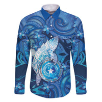 Personalised Northern Mariana Islands Family Matching Off The Shoulder Long Sleeve Dress and Hawaiian Shirt Galaxy Polynesian Shark Tattoo DT05 Dad's Shirt - Long Sleeve Blue - Polynesian Pride