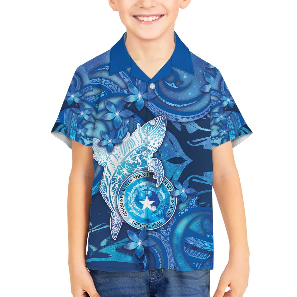 Personalised Northern Mariana Islands Family Matching Off The Shoulder Long Sleeve Dress and Hawaiian Shirt Galaxy Polynesian Shark Tattoo DT05 Son's Shirt Blue - Polynesian Pride