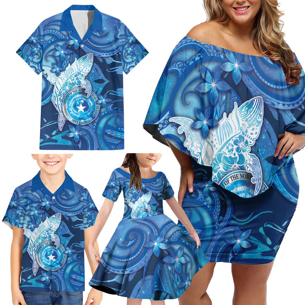 Personalised Northern Mariana Islands Family Matching Off Shoulder Short Dress and Hawaiian Shirt Galaxy Polynesian Shark Tattoo DT05 - Polynesian Pride