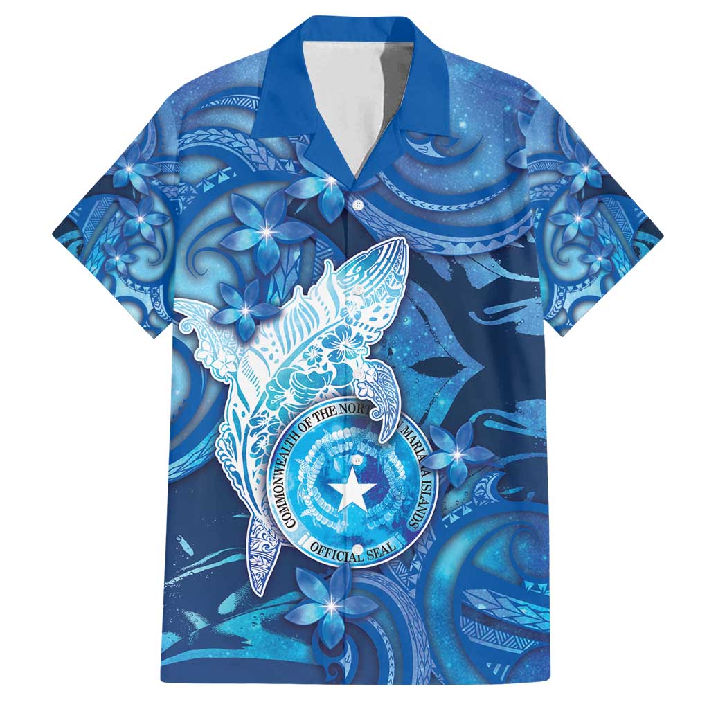 Personalised Northern Mariana Islands Family Matching Off Shoulder Short Dress and Hawaiian Shirt Galaxy Polynesian Shark Tattoo DT05 Dad's Shirt - Short Sleeve Blue - Polynesian Pride