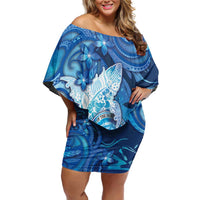 Personalised Northern Mariana Islands Family Matching Off Shoulder Short Dress and Hawaiian Shirt Galaxy Polynesian Shark Tattoo DT05 Mom's Dress Blue - Polynesian Pride
