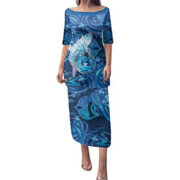 Personalised Northern Mariana Islands Family Matching Puletasi and Hawaiian Shirt Galaxy Polynesian Shark Tattoo DT05 Mom's Dress Blue - Polynesian Pride