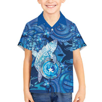 Personalised Northern Mariana Islands Family Matching Puletasi and Hawaiian Shirt Galaxy Polynesian Shark Tattoo DT05 Son's Shirt Blue - Polynesian Pride