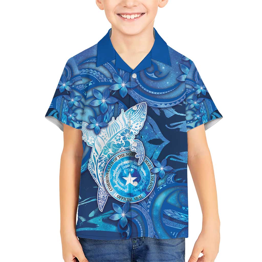Personalised Northern Mariana Islands Family Matching Short Sleeve Bodycon Dress and Hawaiian Shirt Galaxy Polynesian Shark Tattoo DT05 Son's Shirt Blue - Polynesian Pride