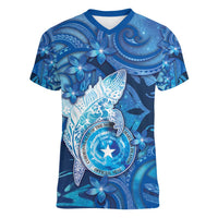 Personalised Northern Mariana Islands Women V-Neck T-Shirt Galaxy Polynesian Shark Tattoo - Polynesian Pride