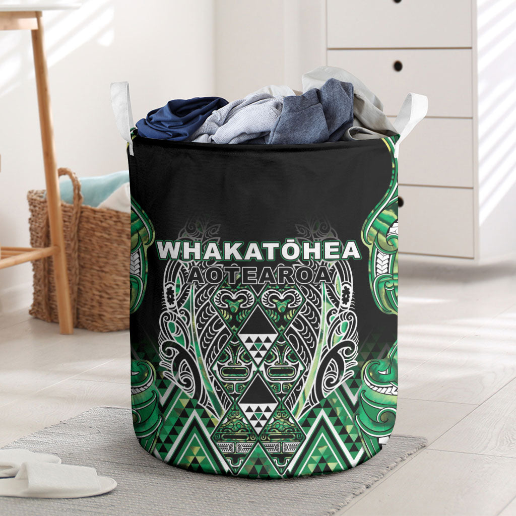 Aotearoa Whakatohea Laundry Basket Maori Tribal Green Abalone Paua Shell Pattern