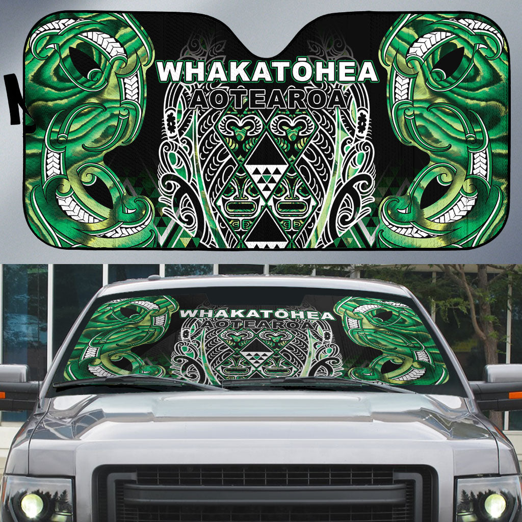 Aotearoa Whakatohea Auto Sun Shade Maori Tribal Green Abalone Paua Shell Pattern
