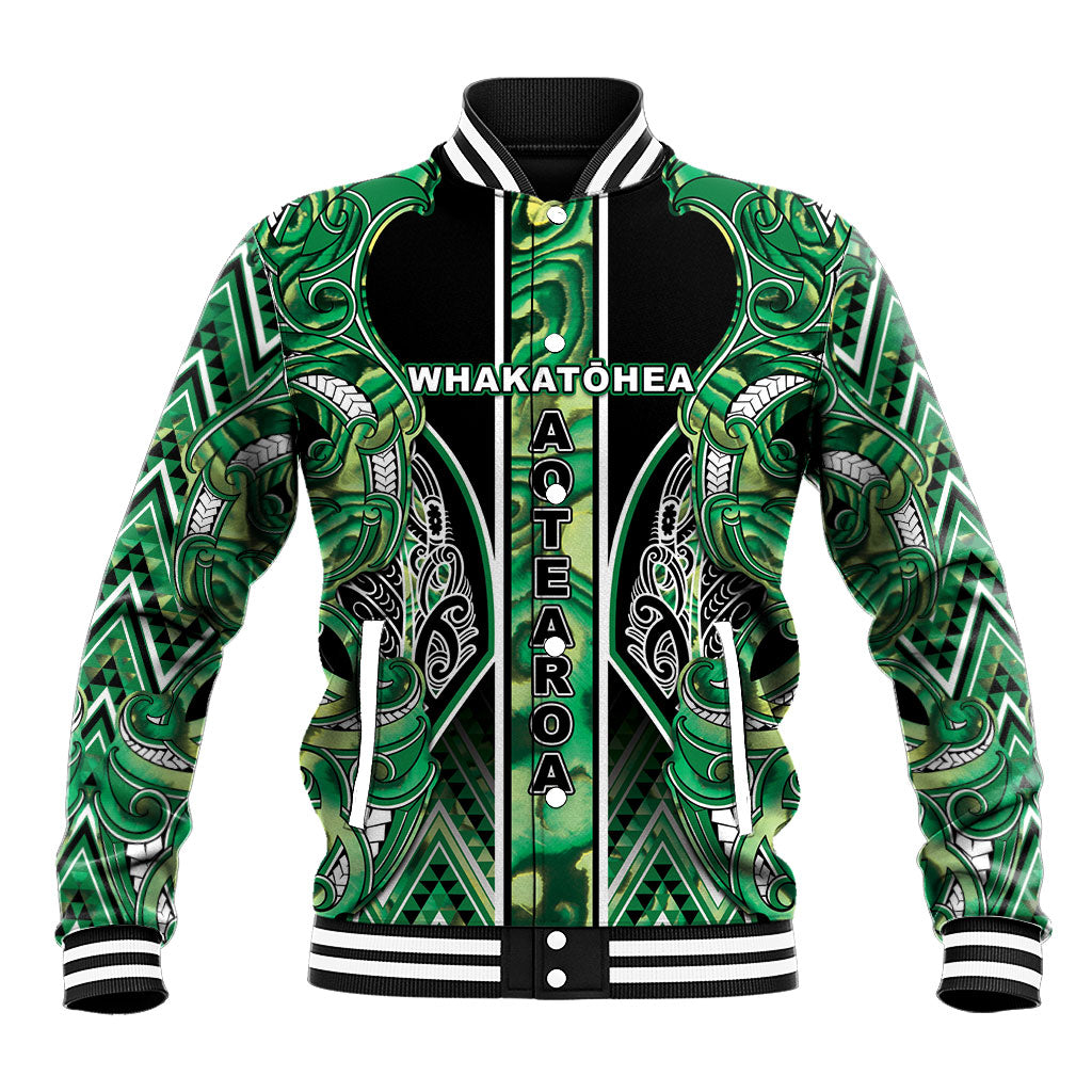 Aotearoa Whakatohea Baseball Jacket Maori Tribal Green Abalone Paua Shell Pattern