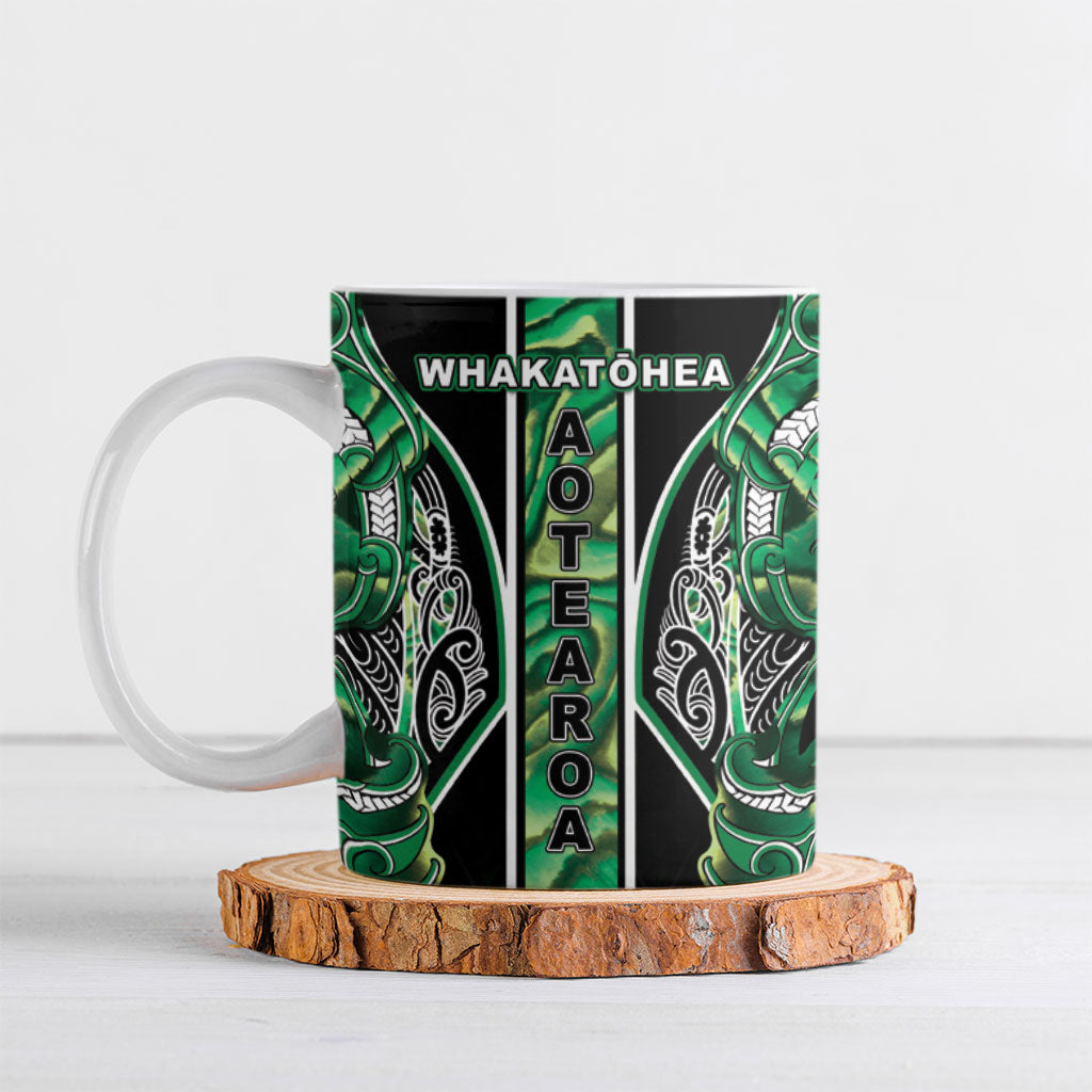 Aotearoa Whakatohea Ceramic Mug Maori Tribal Green Abalone Paua Shell Pattern