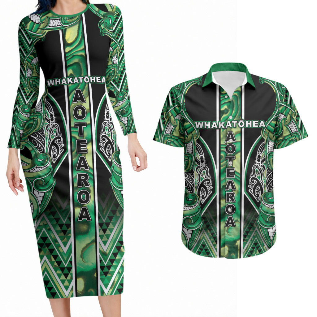 Aotearoa Whakatohea Couples Matching Long Sleeve Bodycon Dress and Hawaiian Shirt Maori Tribal Green Abalone Paua Shell Pattern