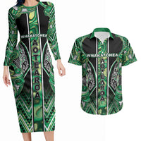 Aotearoa Whakatohea Couples Matching Long Sleeve Bodycon Dress and Hawaiian Shirt Maori Tribal Green Abalone Paua Shell Pattern DT05 Green - Polynesian Pride