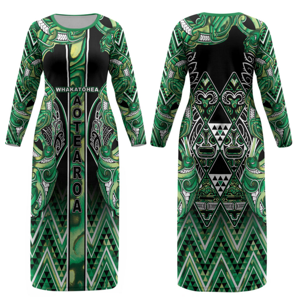 Aotearoa Whakatohea Couples Matching Long Sleeve Bodycon Dress and Hawaiian Shirt Maori Tribal Green Abalone Paua Shell Pattern DT05 - Polynesian Pride