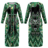 Aotearoa Whakatohea Couples Matching Long Sleeve Bodycon Dress and Hawaiian Shirt Maori Tribal Green Abalone Paua Shell Pattern DT05 - Polynesian Pride
