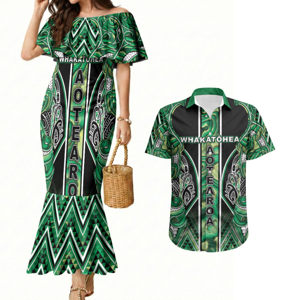 Aotearoa Whakatohea Couples Matching Mermaid Dress and Hawaiian Shirt Maori Tribal Green Abalone Paua Shell Pattern