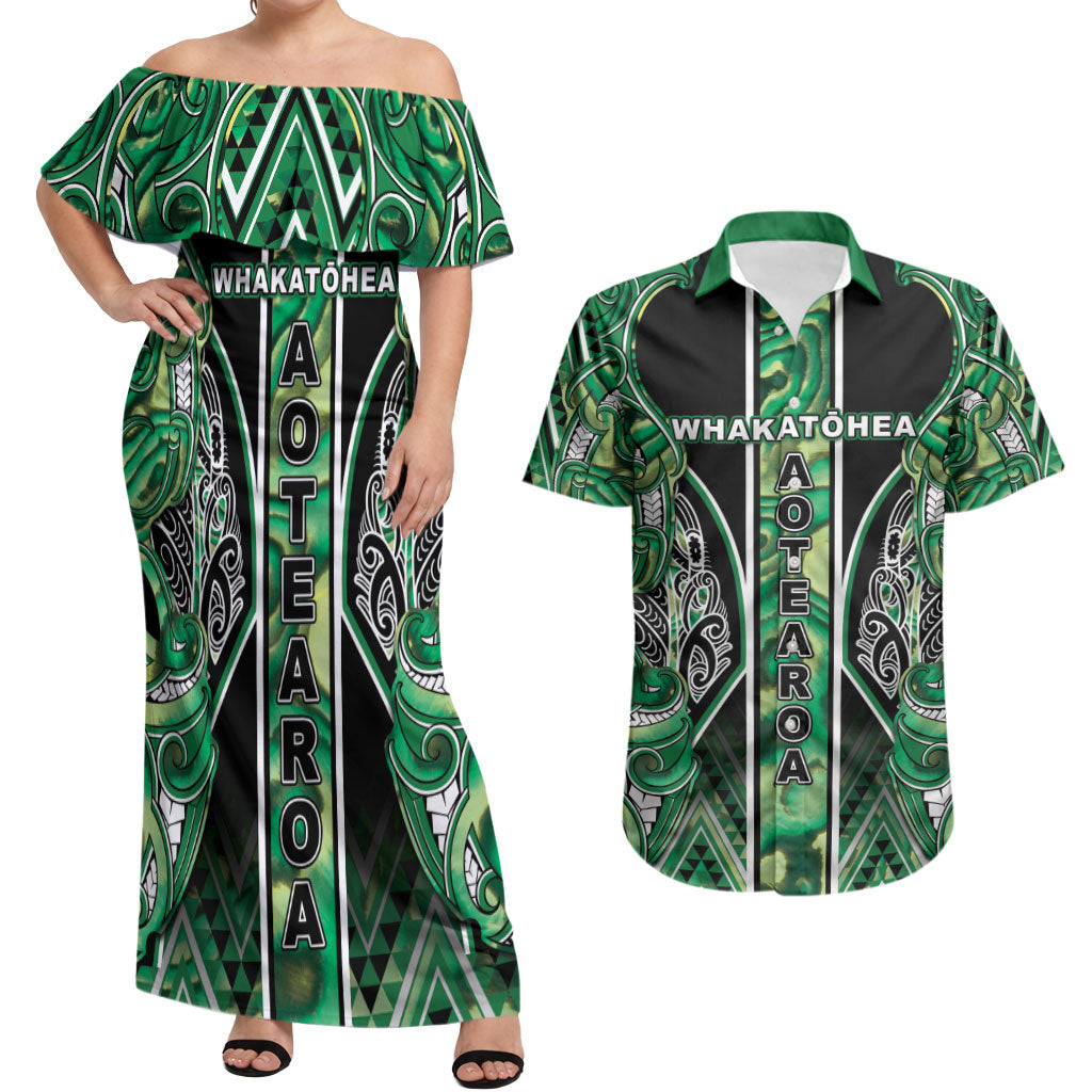 Aotearoa Whakatohea Couples Matching Off Shoulder Maxi Dress and Hawaiian Shirt Maori Tribal Green Abalone Paua Shell Pattern