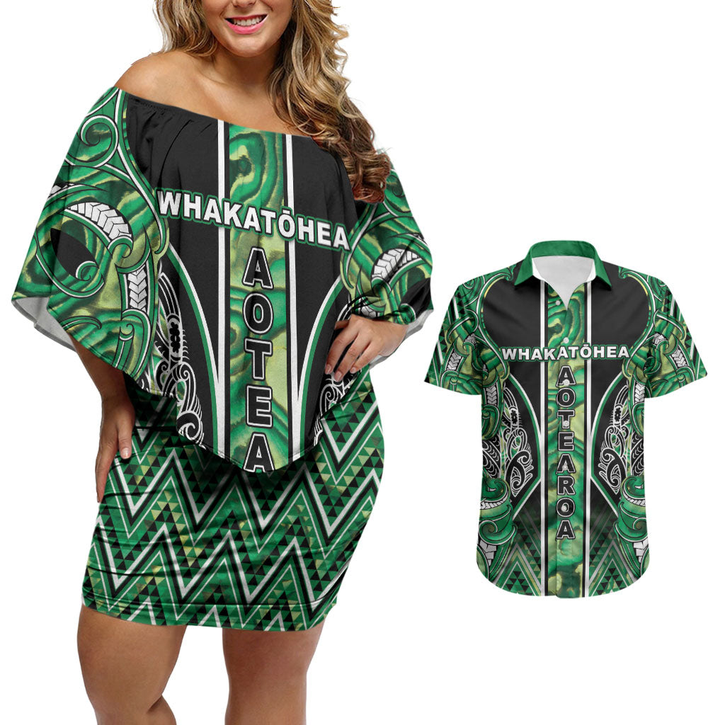 Aotearoa Whakatohea Couples Matching Off Shoulder Short Dress and Hawaiian Shirt Maori Tribal Green Abalone Paua Shell Pattern