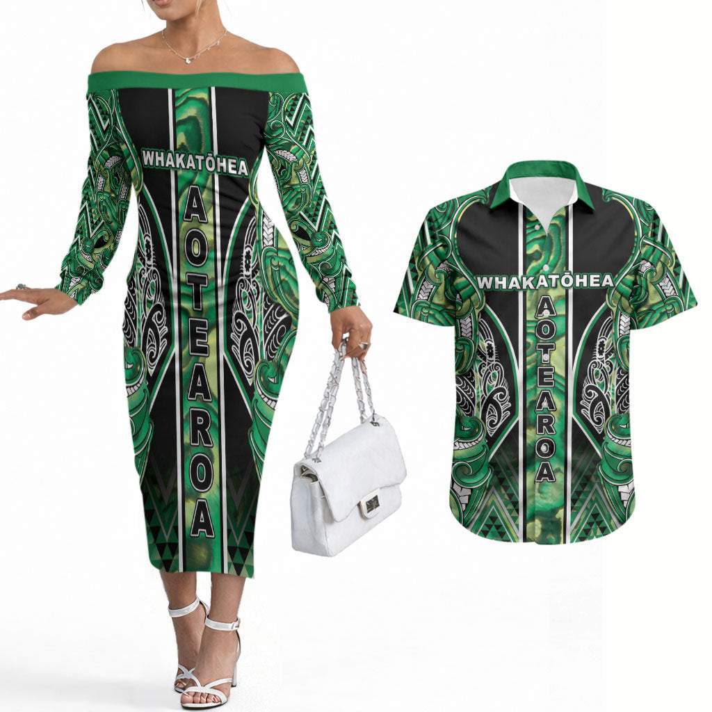 Aotearoa Whakatohea Couples Matching Off The Shoulder Long Sleeve Dress and Hawaiian Shirt Maori Tribal Green Abalone Paua Shell Pattern DT05 Green - Polynesian Pride