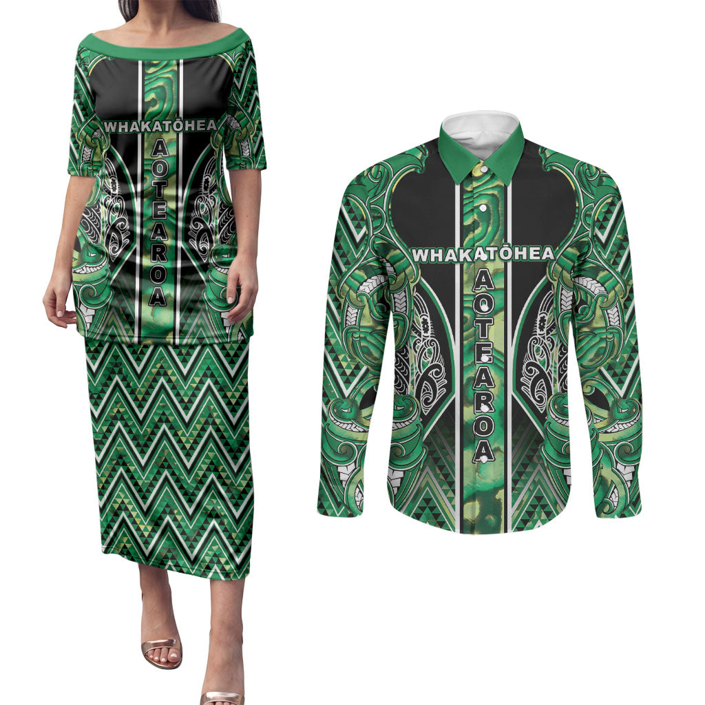 Aotearoa Whakatohea Couples Matching Puletasi and Long Sleeve Button Shirt Maori Tribal Green Abalone Paua Shell Pattern