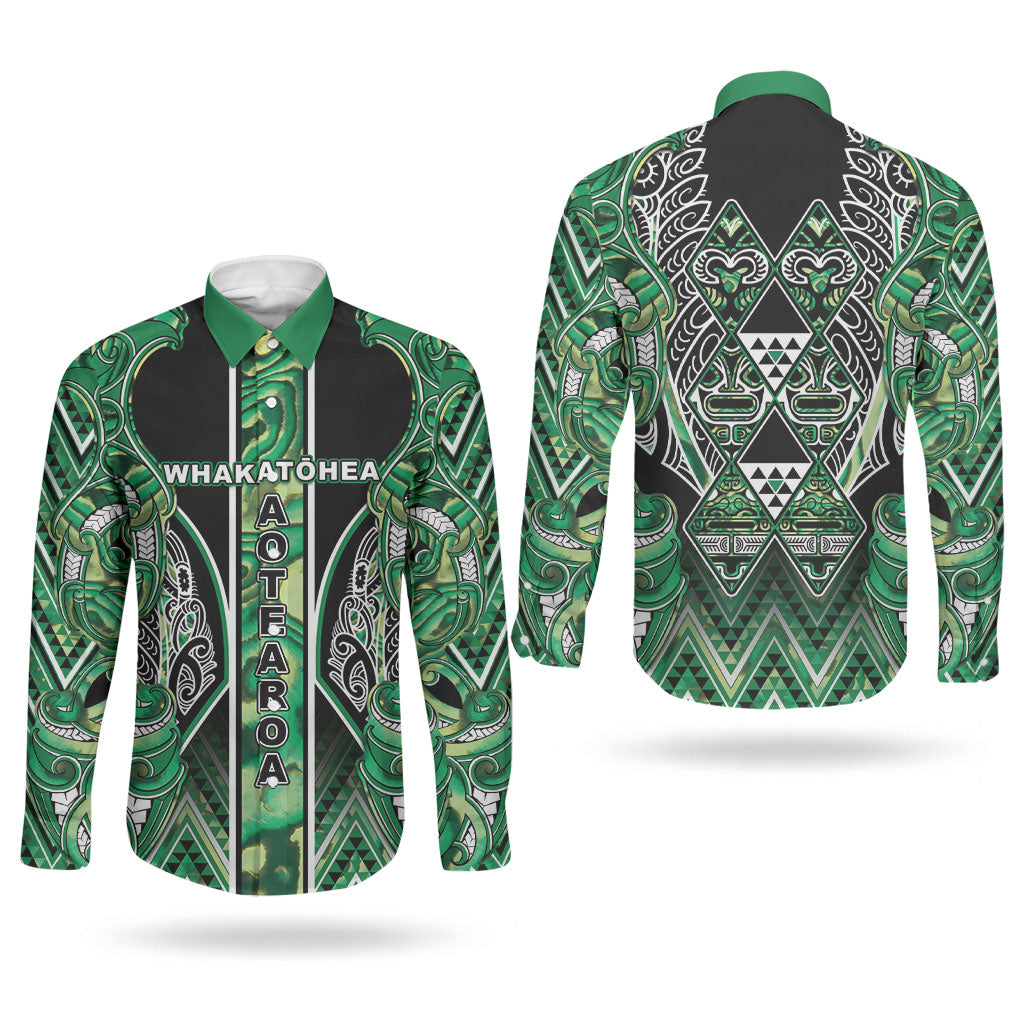 Aotearoa Whakatohea Couples Matching Puletasi and Long Sleeve Button Shirt Maori Tribal Green Abalone Paua Shell Pattern DT05 - Polynesian Pride