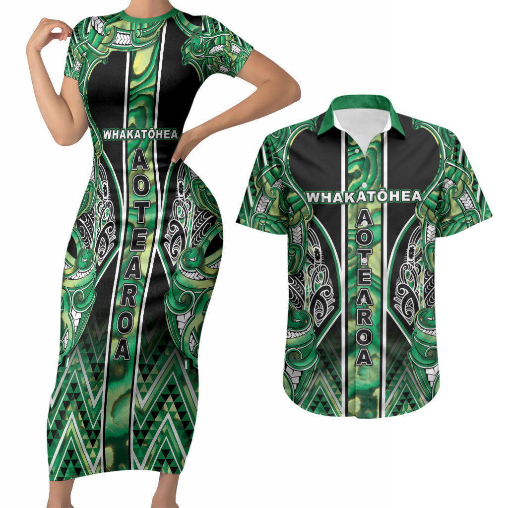 Aotearoa Whakatohea Couples Matching Short Sleeve Bodycon Dress and Hawaiian Shirt Maori Tribal Green Abalone Paua Shell Pattern