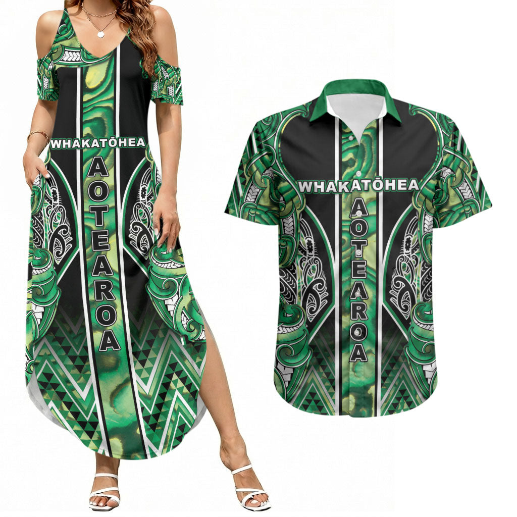 Aotearoa Whakatohea Couples Matching Summer Maxi Dress and Hawaiian Shirt Maori Tribal Green Abalone Paua Shell Pattern