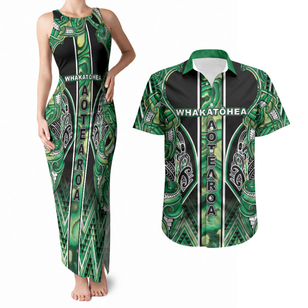 Aotearoa Whakatohea Couples Matching Tank Maxi Dress and Hawaiian Shirt Maori Tribal Green Abalone Paua Shell Pattern
