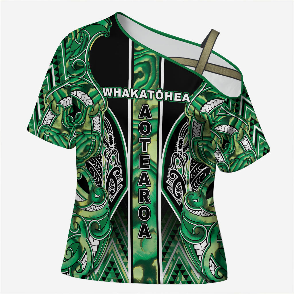 Aotearoa Whakatohea Cross Shoulder Shirt Maori Tribal Green Abalone Paua Shell Pattern