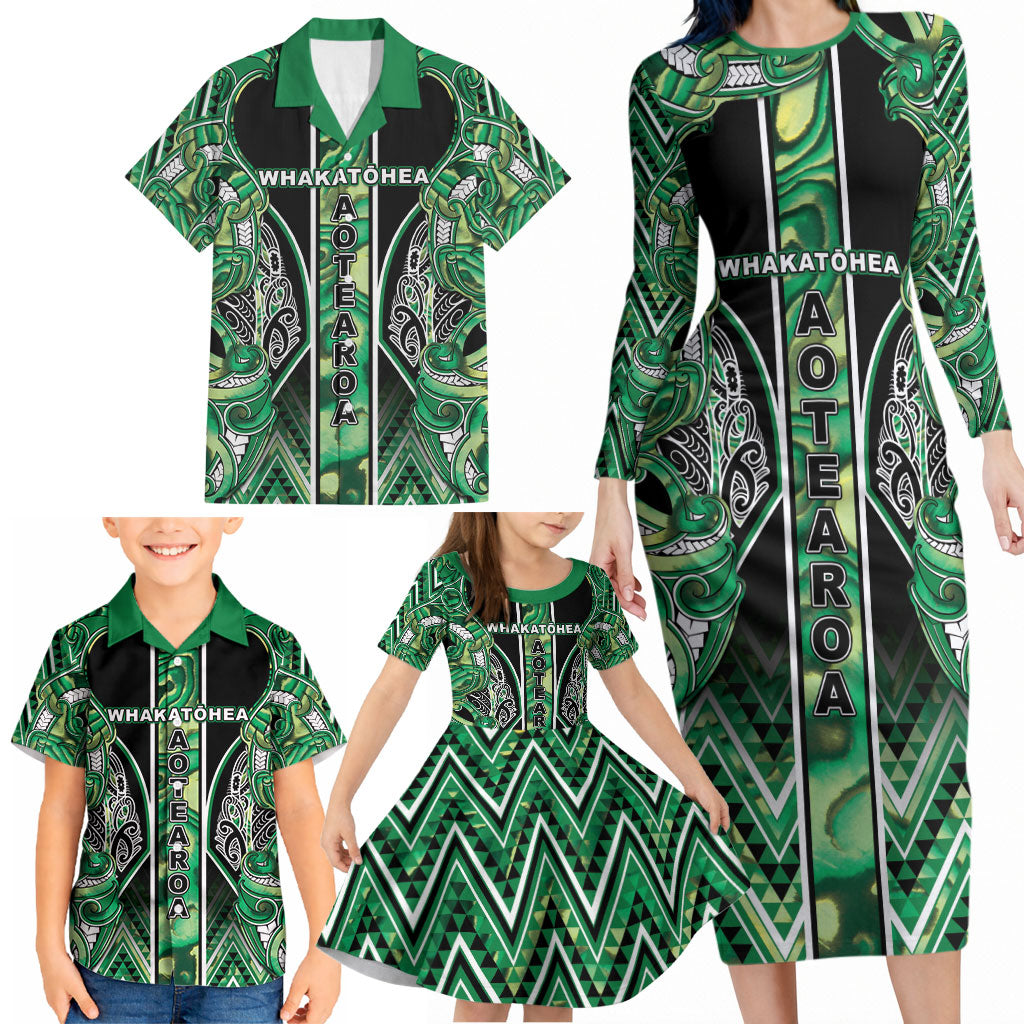 Aotearoa Whakatohea Family Matching Long Sleeve Bodycon Dress and Hawaiian Shirt Maori Tribal Green Abalone Paua Shell Pattern