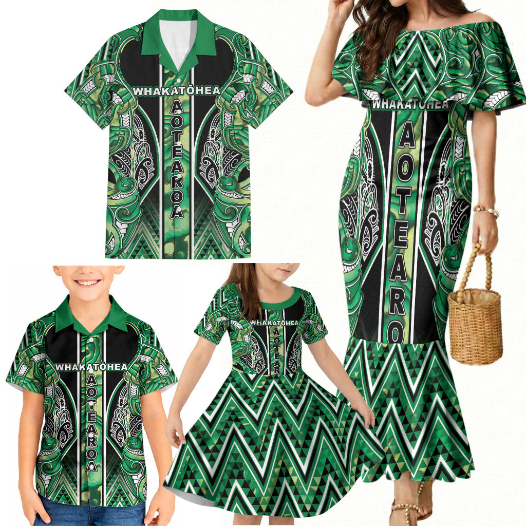Aotearoa Whakatohea Family Matching Mermaid Dress and Hawaiian Shirt Maori Tribal Green Abalone Paua Shell Pattern