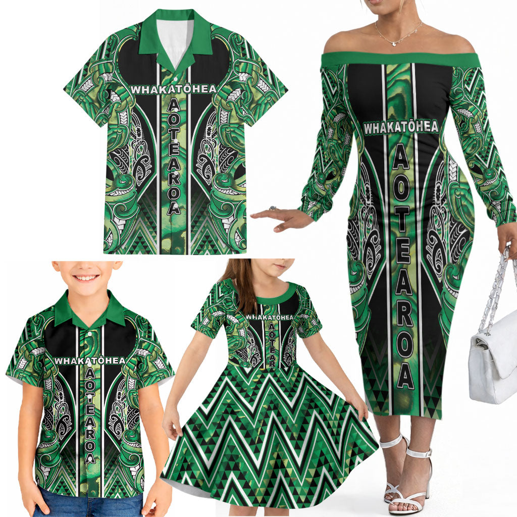 Aotearoa Whakatohea Family Matching Off The Shoulder Long Sleeve Dress and Hawaiian Shirt Maori Tribal Green Abalone Paua Shell Pattern