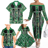 Aotearoa Whakatohea Family Matching Off The Shoulder Long Sleeve Dress and Hawaiian Shirt Maori Tribal Green Abalone Paua Shell Pattern DT05 - Polynesian Pride
